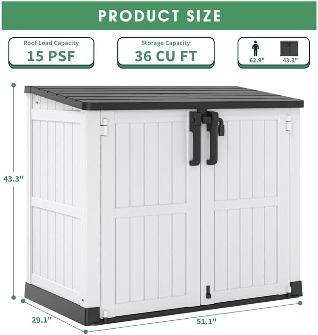 Horizontal Resin Storage Shed 36 Cu Ft with Lockable Doors, Portable Outdoor Storage Cabinet -Easy to Assemble,Sheds & Outdoor Storage, Waterproof Outdoor Storage Box for Backyards