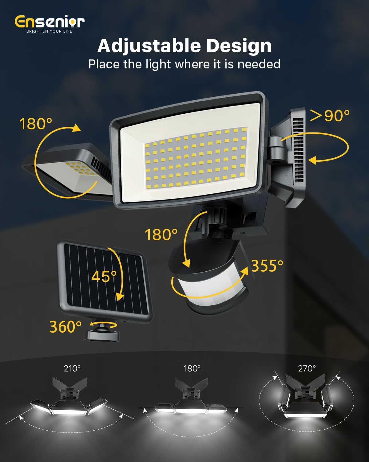 Ensenior 5 Motion Sensor Modes Solar Security Light, 1800LM 270° Wide Angle 3 Heads LED Flood Lights, IP65 Waterproof Wall Lights, Separate Solar Panel Remote Control Solar Lights Outdoor