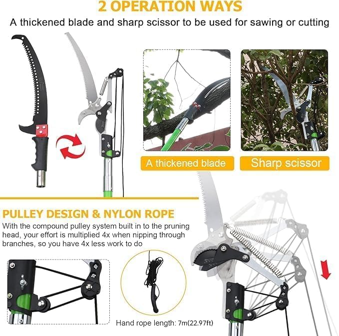 30 Feet Tree Pole Pruner Manual Branches Trimmer Tree Branch Garden Tools Loppers Hand Pole Saws Extendable Height Adustable System for Sawing and Shearing