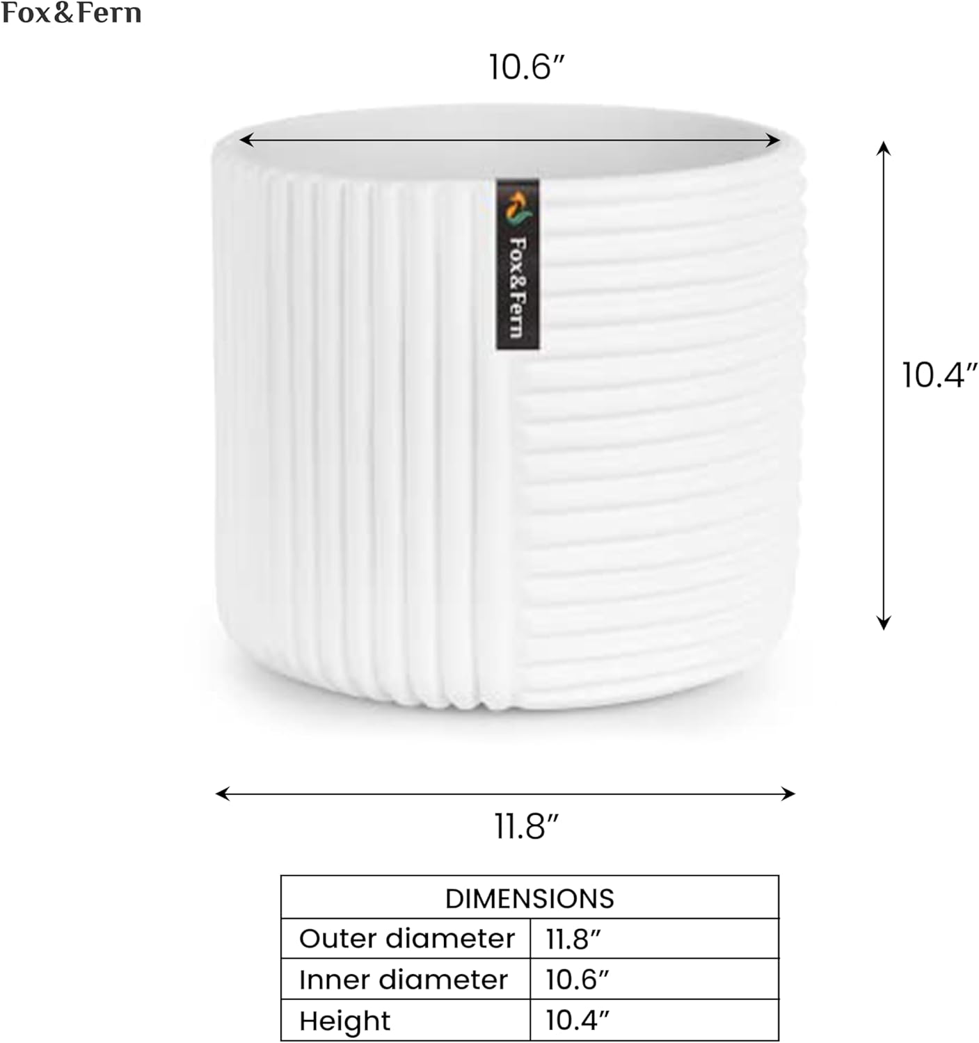 Fox & Fern Large 12 Inch Planter with Drainage Plug — Premium Polystone White Plant Pot; Modern Planter with 3D Texture and Ceramic Finish; 12 Inch Pots for Plants Indoor & Outdoor