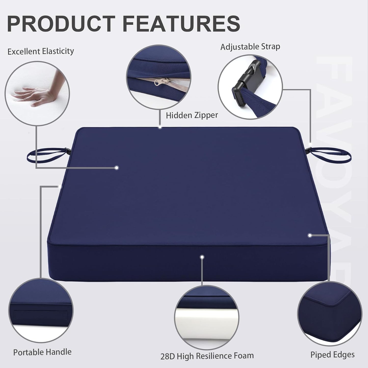 Favoyard Patio Chair Cushions 18.5 x 16 x 3 Inch Waterproof Outdoor Seat Cushions for Patio Furniture 3-Year Color Fastness Garden Sofa Couch Pads with Handle & Adjustable Straps Set of 2, Blue