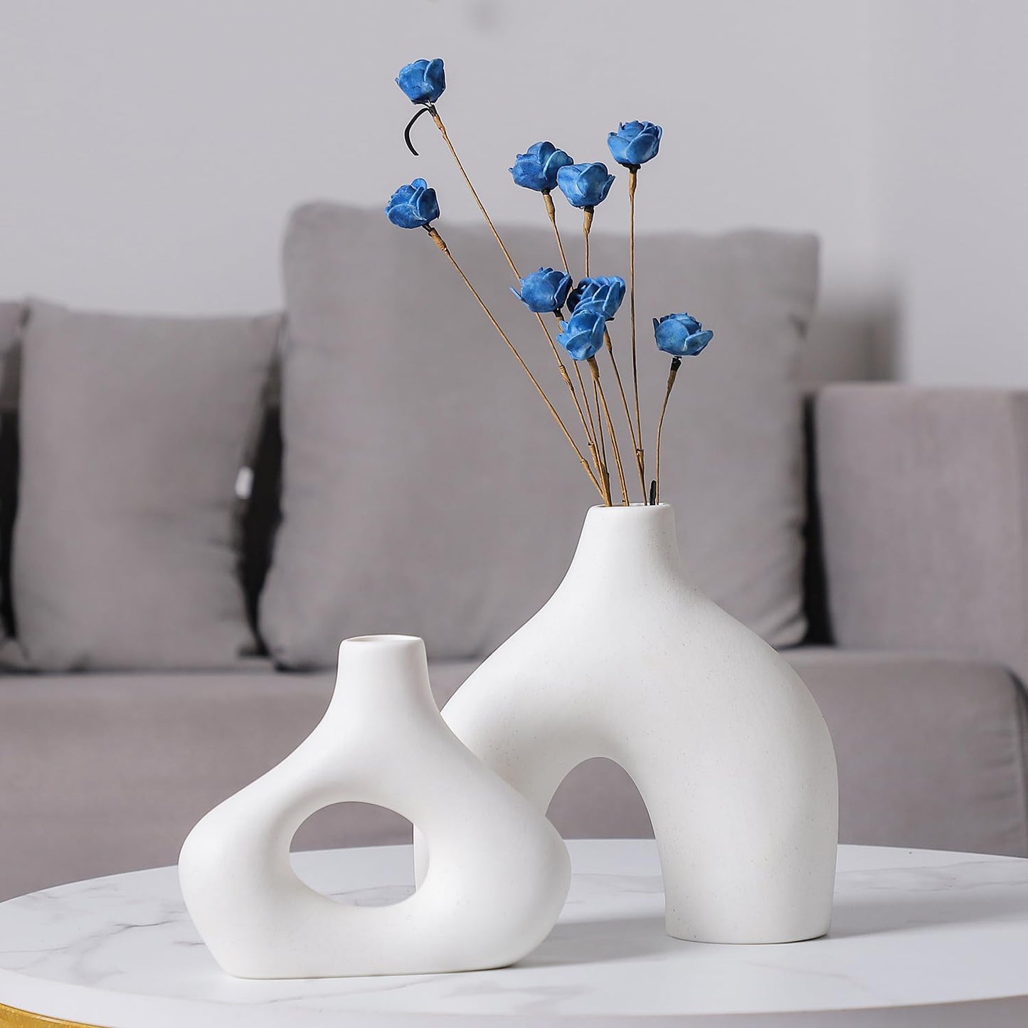 CEMABT White Ceramic Vase Set of 2 for Modern Minimalist Bohemian Decor,Round Matte Donut Vases for Pampas Grass-Perfect for Living Room, Dining Table, Office Bedroom Shelf Decor Entryway, Console