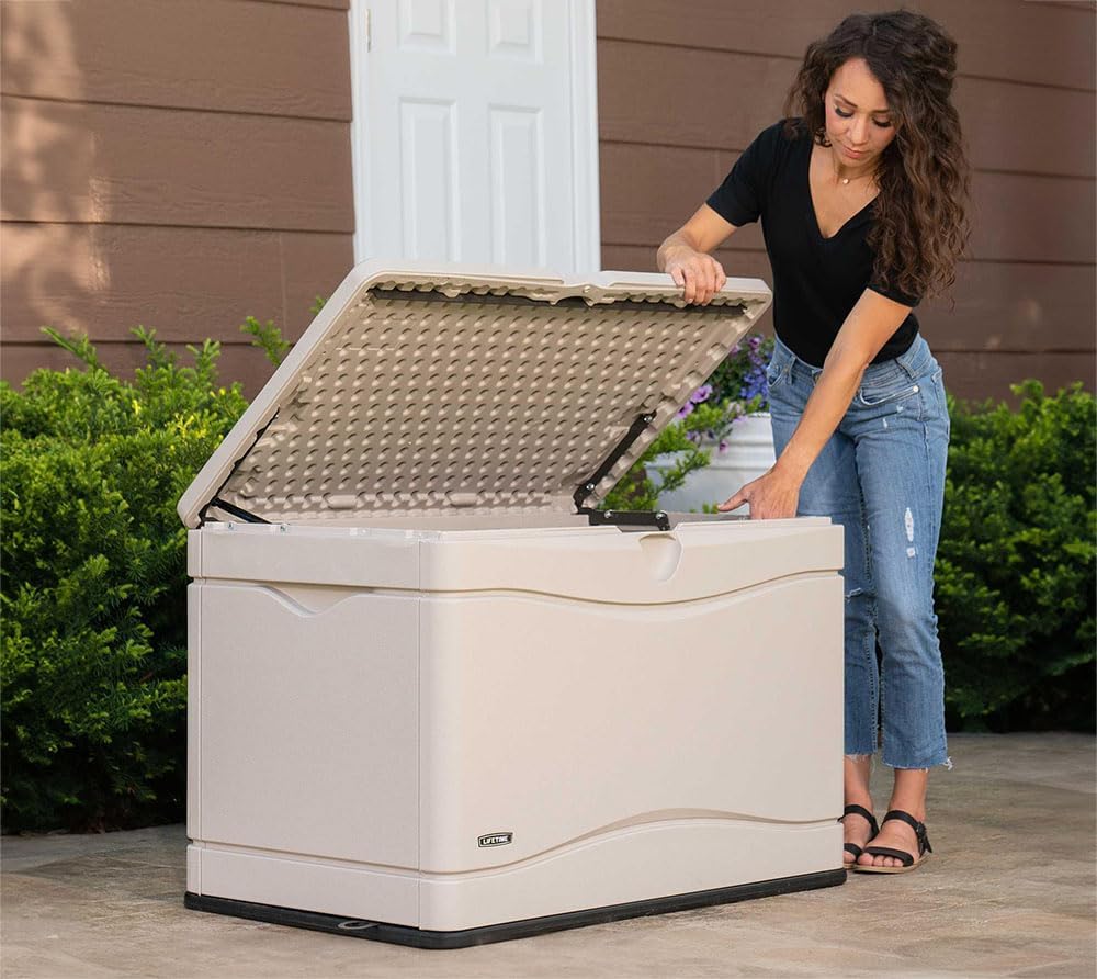 LIFETIME 60059 Black Bottom & Desert (Tan) Sides and Lid Outdoor Storage Box-80 Gal, 80 Gallon, Desert Sand
