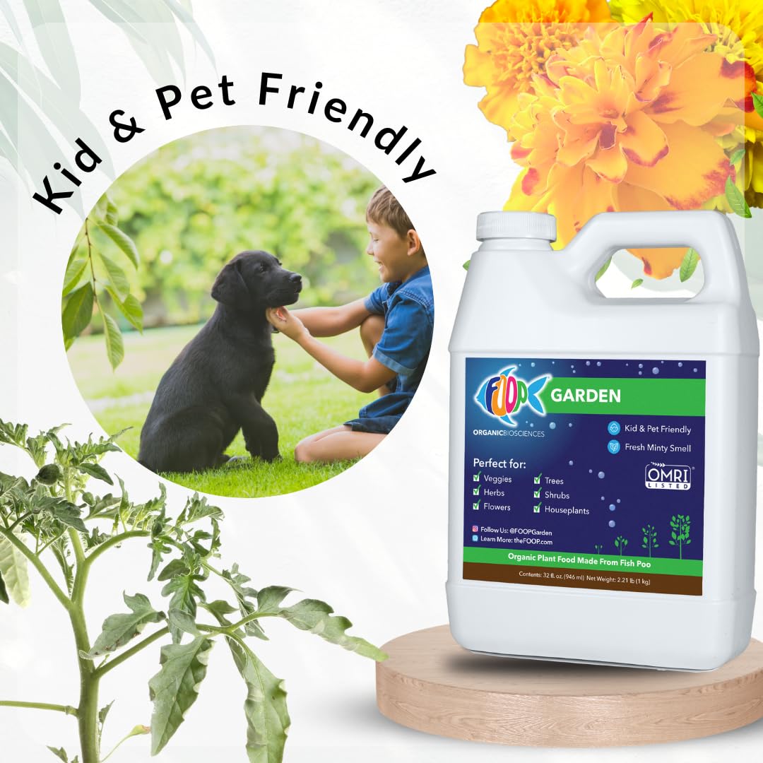 FOOP Garden - Organic Liquid Plant Food Made from Fish Manure (with Fresh Minty Scent) | Fish Fertilizer Alternative Perfect for Veggies, Herbs, Flowers,Trees,Shrubs | Kid&Pet Friendly (32oz)