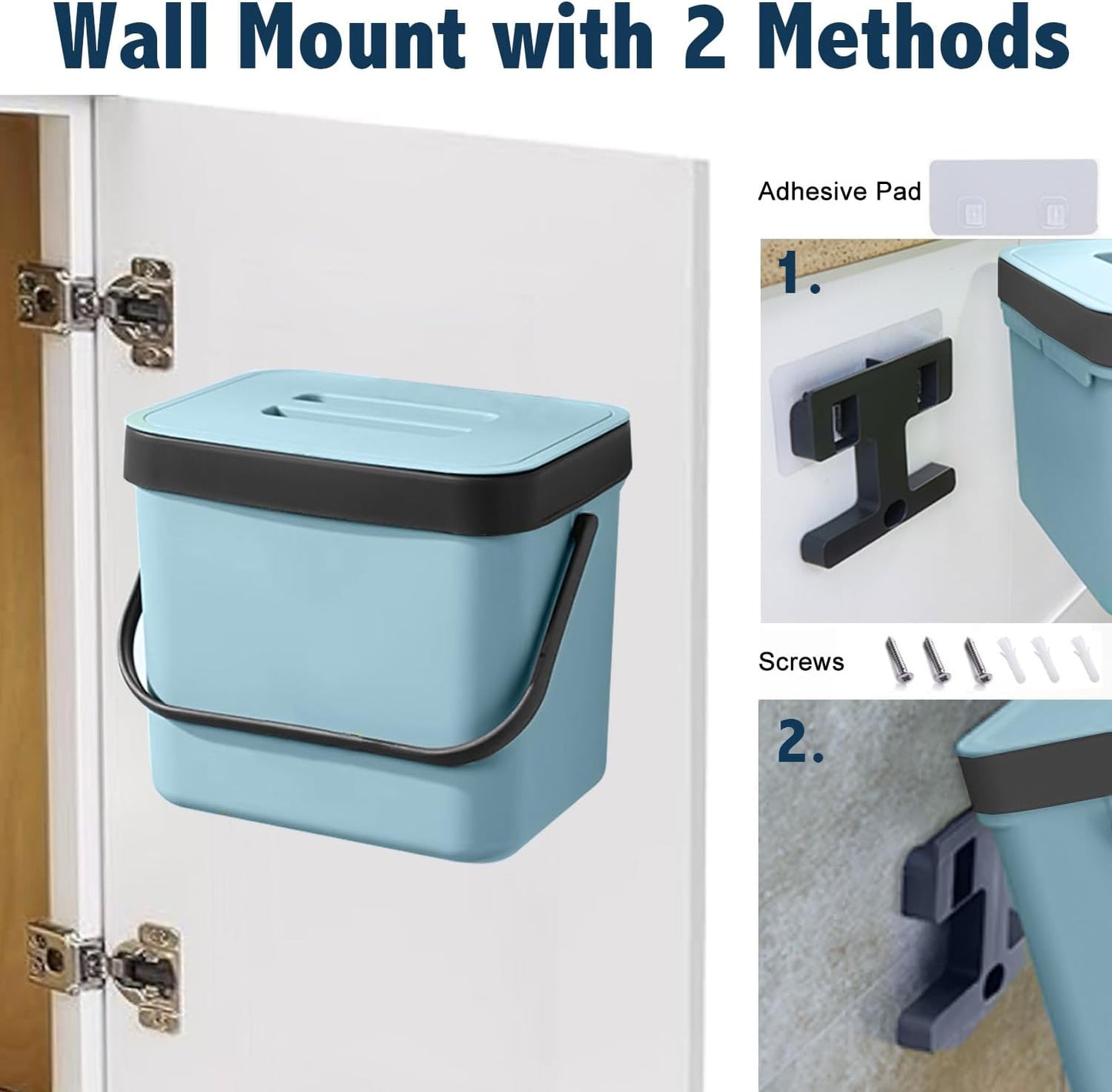 Compost Bin Kitchen, LALASTAR 7L Wall-Mounted Under Sink Small Garbage Can for Kitchen, Odor-Free Food Waste Basket Bin, 1.8 Gallons, Blue