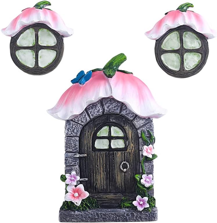 Fairy Gnome Home for Tree Decor,Glow in Dark Fairy House Have Window and Door for Garden Decoration,Fairies Sleeping Door and Windows, Yard Art Garden Sculpture, Lawn Ornament