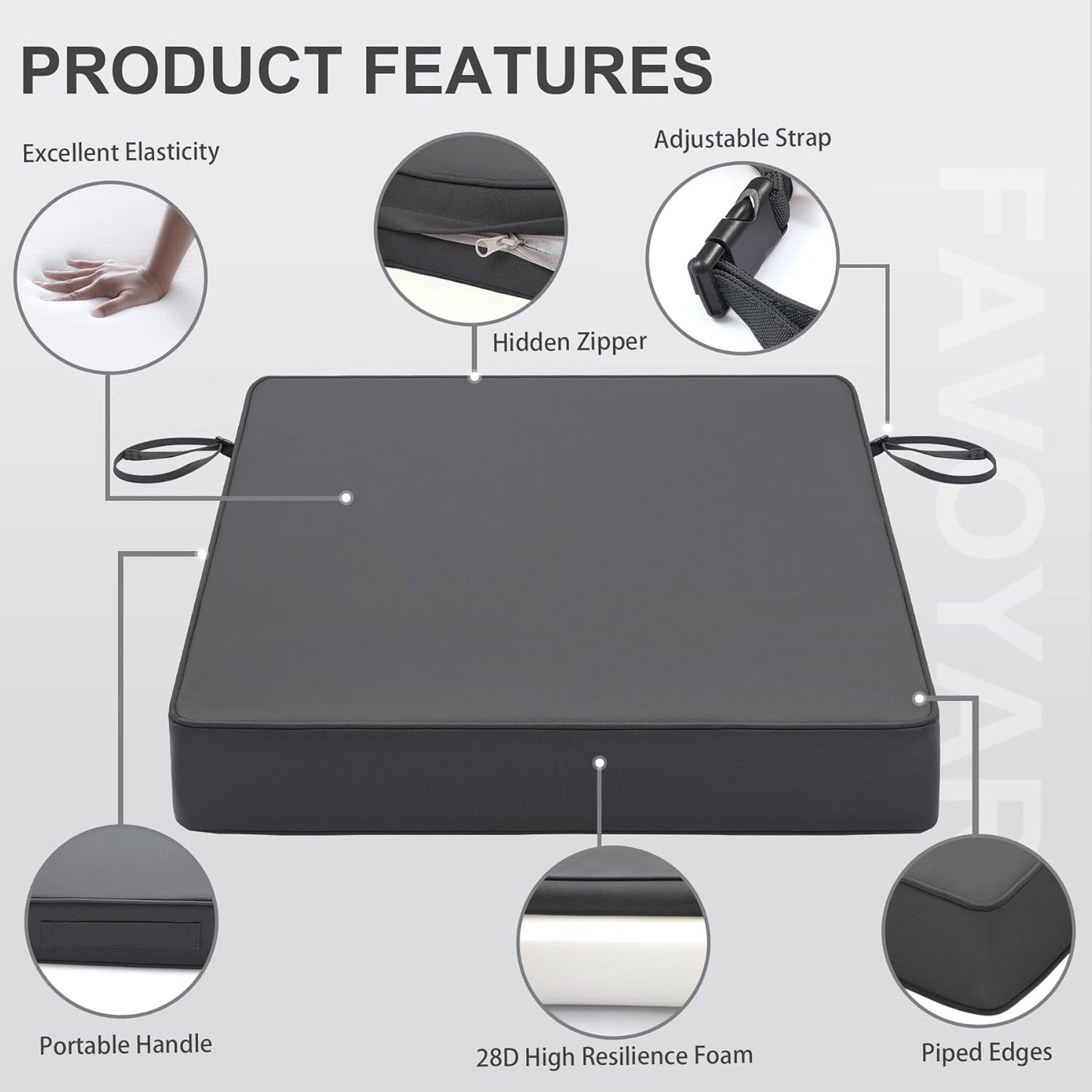 Favoyard Patio Chair Cushions 18 x 18 x 3 Inch Waterproof Outdoor Seat Cushions for Patio Furniture 3-Year Color Fastness Garden Sofa Couch Pads with Handle & Adjustable Straps Set of 2, Dark Grey