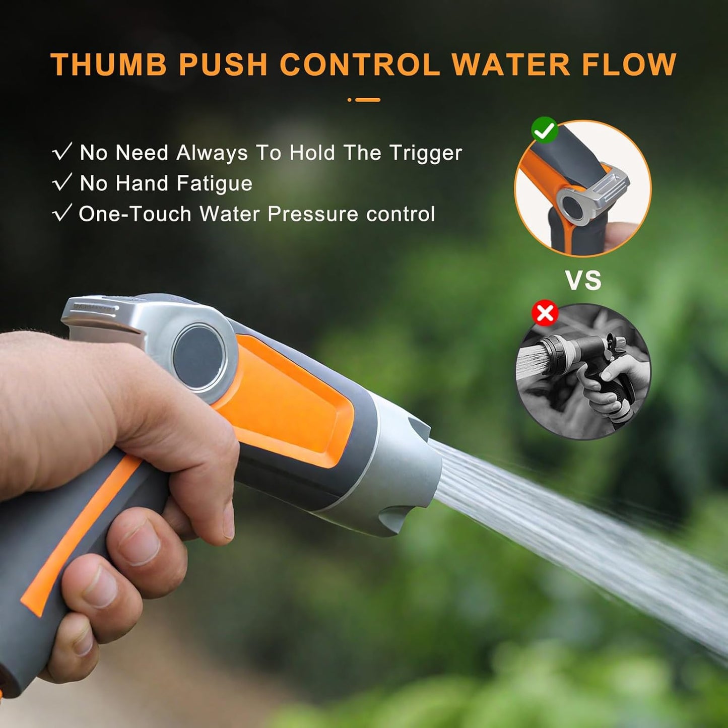 Heavy Duty Garden Hose Nozzle Sprayer - 4 Spray Patterns, High Pressure, Thumb Control Flow Valve w/On-Off, Washers for Watering, Car & Pet Washing