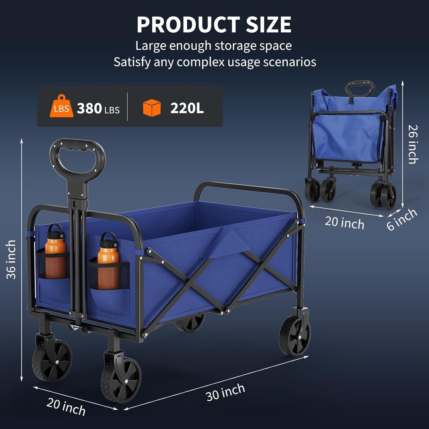 Foldable Wagon Cart, 380LBS Capacity Collapsible Wagon with All-Terrain Wheels, 220L Foldable Utility Cart & Grocery Cart on Wheels, Portable Lightweight 12LBS for Outdoor, Beach, Garden (Blue)