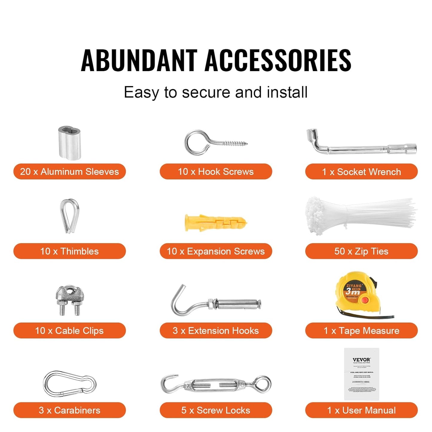 VEVOR Wire Rope Kit, 1/8" 100 ft 304 Stainless Steel Cable with 124 Accessories, 1600 lbs Breaking Strength, 7x7 Strands Construction Marine Aircraft Grade for Handrail Stair Decking Fence Outdoors