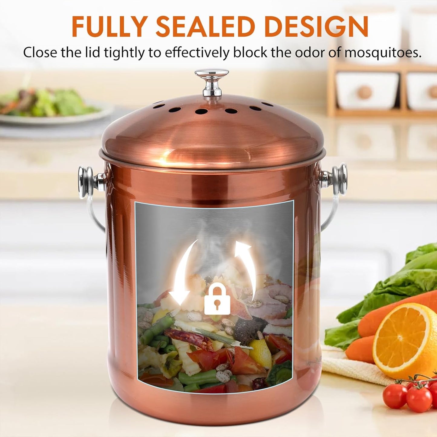 ENLOY Compost Bin for Kitchen Countertop, 1.3 Gallon Matte Copper Stainless Steel Compost Bucket with Lid, Odorless Food Waste Bucket with 2 Charcoal Filters, Indoor Compost Pail with SOFT-GRIP Handle