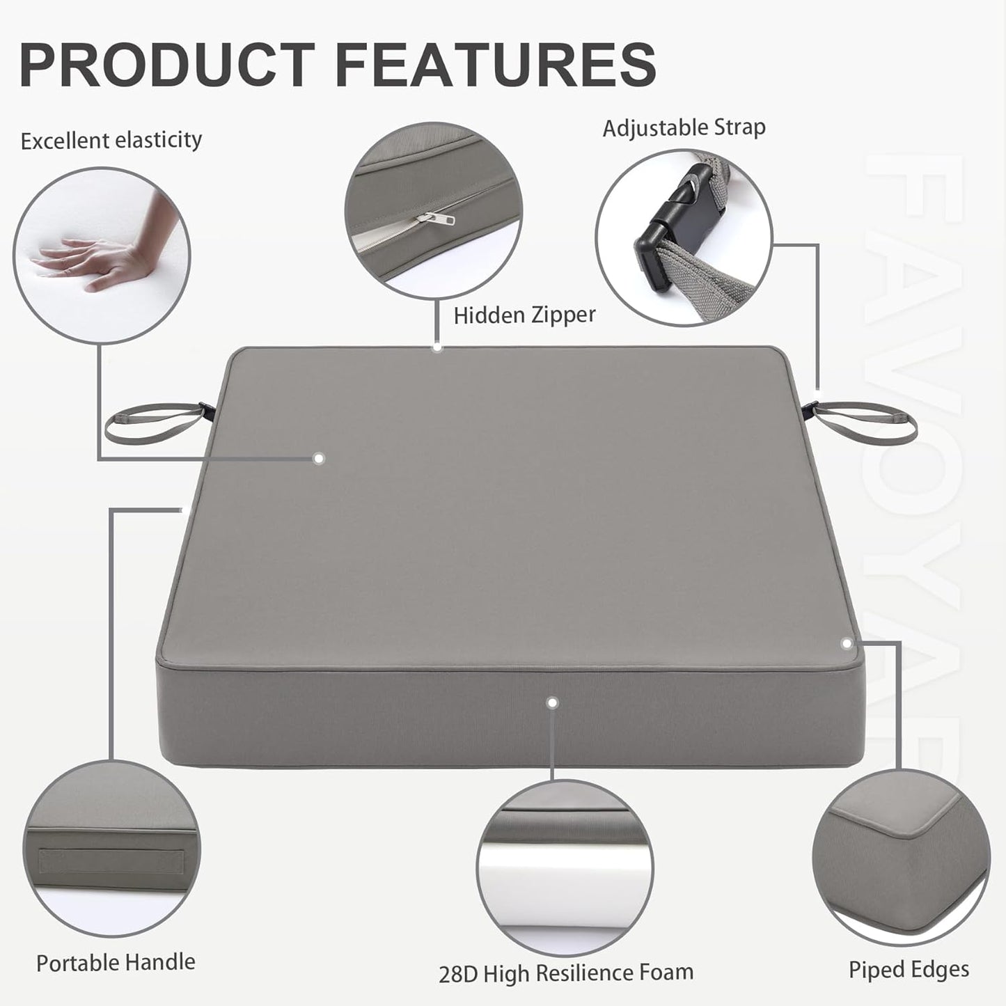 Favoyard Patio Chair Cushions 19 x 19 x 3 Inch Waterproof Outdoor Seat Cushions for Patio Furniture 3-Year Color Fastness Garden Sofa Couch Chair Pads with Handle & Adjustable Straps Set of 2, Grey