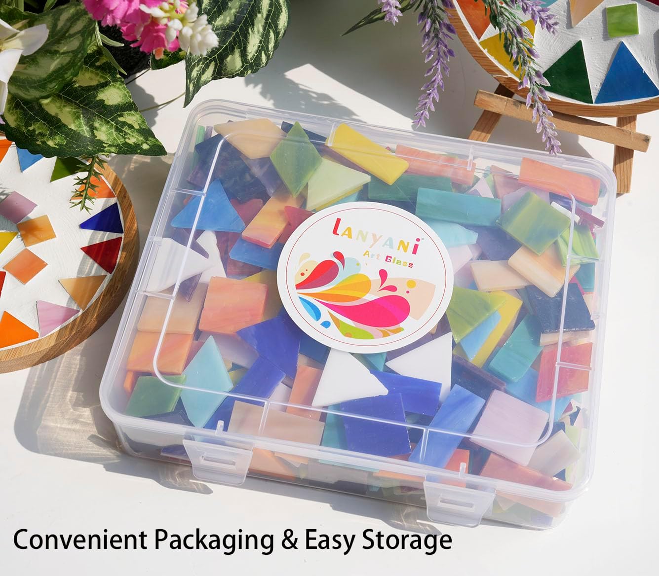 Lanyani Extra-Large Stained Glass Mosaic Tiles for DIY Crafts & Art Projects, 1.4lb Bulk Pack – 200 Pre-Cut Mosaic Glass Pieces, 4 Shapes, Vibrant Mixed Colors