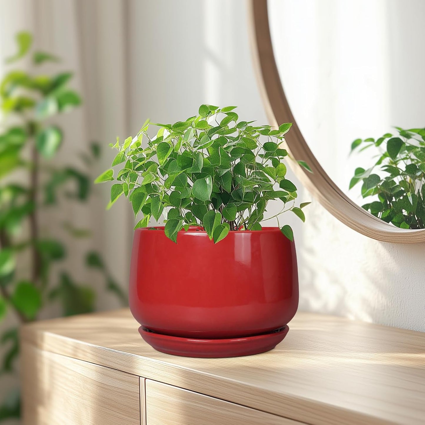 G EPGardening Ceramic Planter 7 Inch - Flower Pots for Indoor Plants, Round Planter with Drainage and Ceramic Tray, Modern Plant Pot, Bathroom Decor, Teacher Gifts, Red