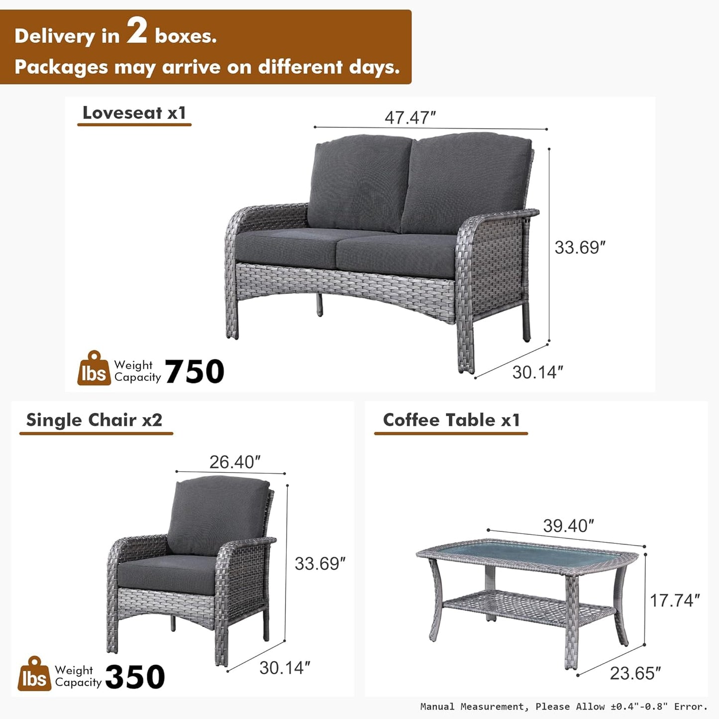 HOOOWOOO Patio Furniture Set,4 Pieces Outdoor Conversation Set,All Weather Wicker Loveseat Sofa Set with High Back Chairs Table,Black