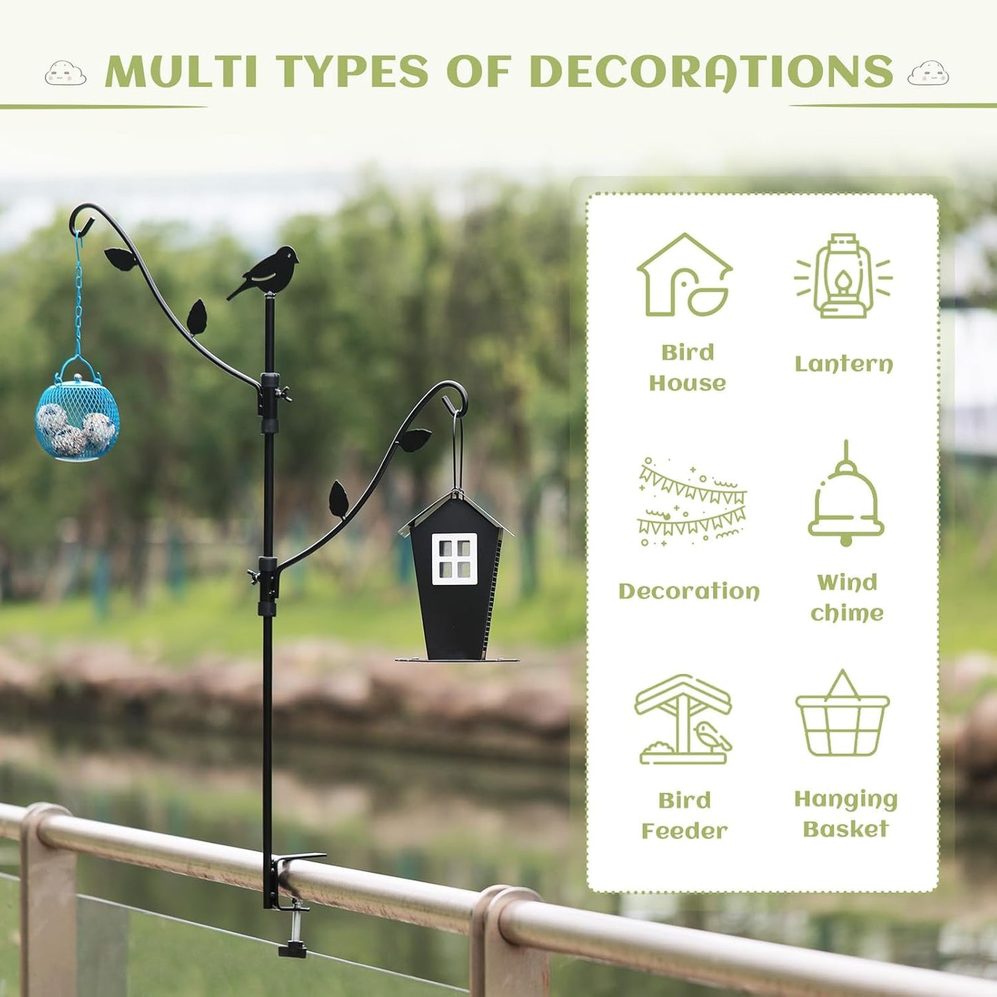 Deck Bird Feeder with Multi-Hooks and Adjustable Branches for Porch