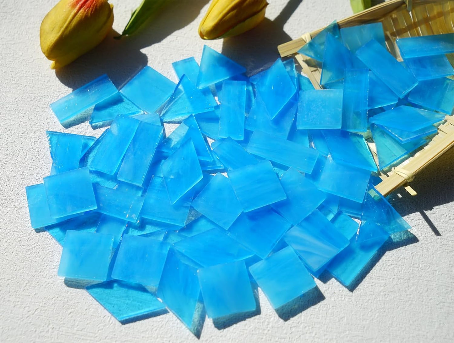 70pcs Transparent Glass Mosaic Tiles, 200g Large Size Stained Glass Pieces for DIY Mosaic Craft Supplies, 4 Shapes Mosaic Glass Tiles for Mosiac Present, Light Blue