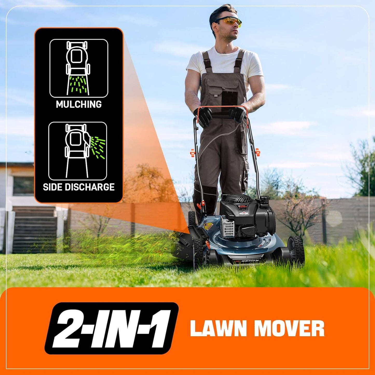 SENIX LSPG-M3 21-Inch Gas Push Lawn Mower with 125 cc 4-Cycle Briggs & Stratton Engine, 2-in-1,Mulching and Side Discharge, 6-Position Dual Lever Height Adjustment