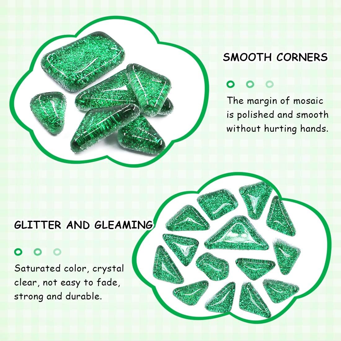 Swpeet 1 Pound Green Shine Crystal Series Mosaic Tiles Assortment Kit, Square and Triangle Genuine Mosaic Tiles Glitter Crystal Mosaic Perfect for Home Decoration Crafts