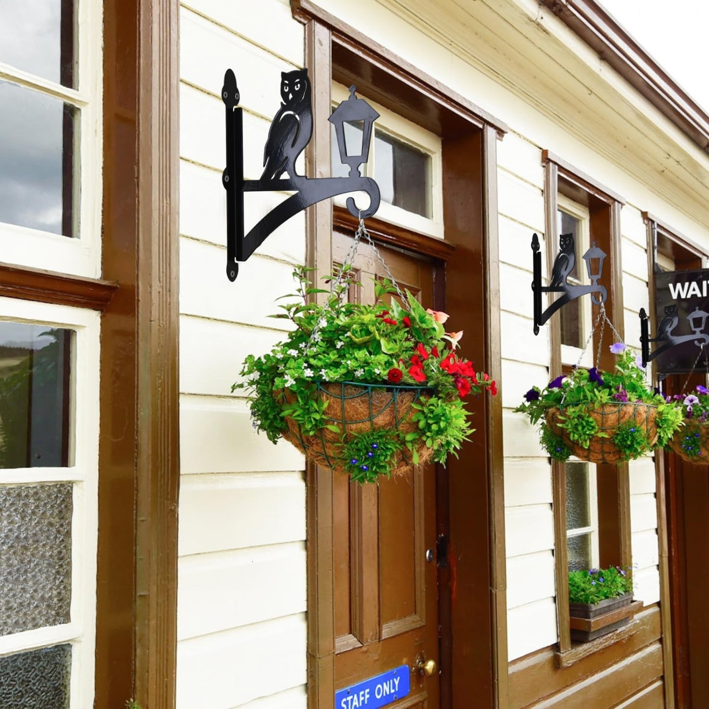 Iron Plant Hangers Outdoor, Metal Plant Hooks for Hanging Baskets, Bird Feeders, Lanterns, Flower Pots, Wall Mount Hanging Plant Holder (Owl & Street Light)