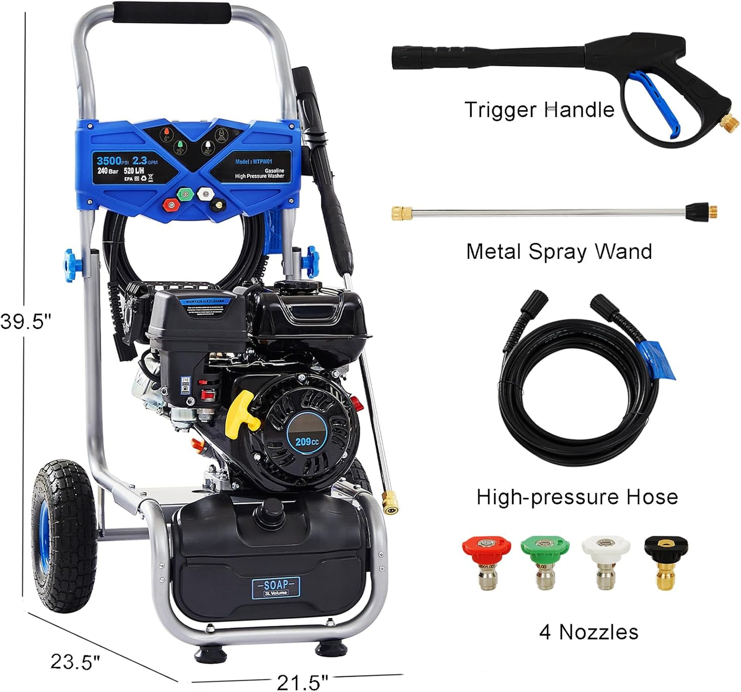 Gas Pressure Washer 3500 PSI, 2.3 GPM Heavy Duty High Power Washer,209CC 7HP Engine with 25Ft Pressure Hose, Axial Aluminum Pump, Soap Tank, 4 Quick Connect Nozzle (Blue)