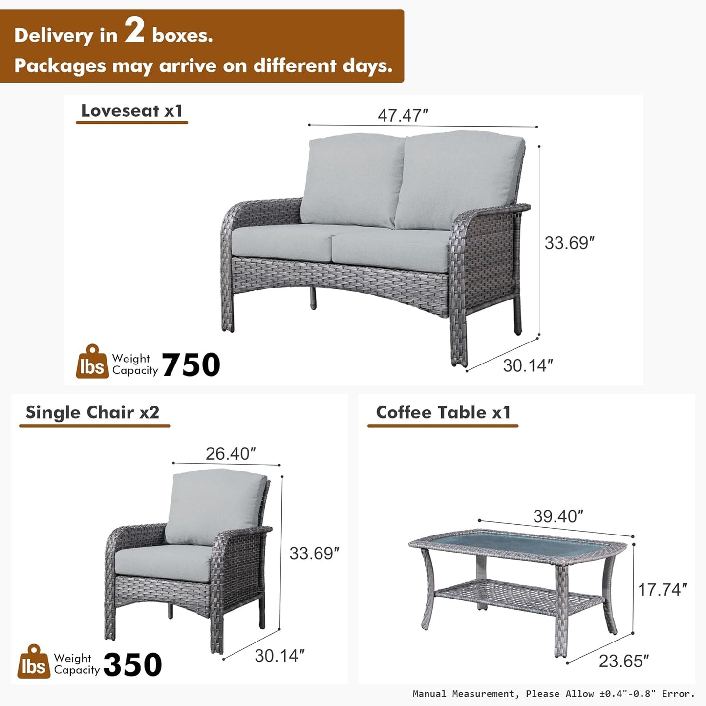 HOOOWOOO Patio Furniture Set,4 Pieces Outdoor Conversation Set,All Weather Wicker Loveseat Sofa Set with High Back Chairs Table,Dark Gray