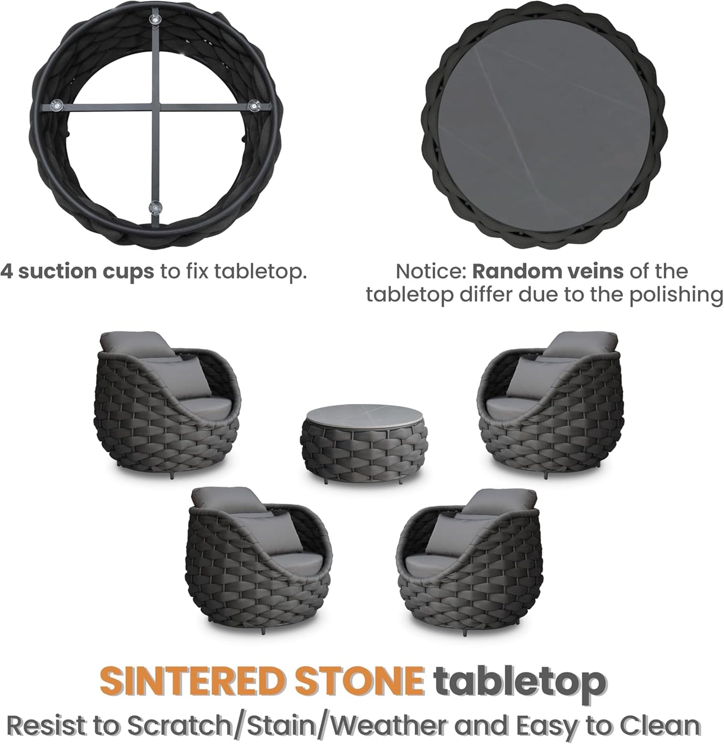 Front Porch Furniture 5 Piece Set: Aluminum Woven Rope Patio Conversation Sofa Set - Assembled Accent Chair Cushioned - Outdoor Armchair Couch Set for 400 lbs Deck Backyard Poolside Garden Hotel