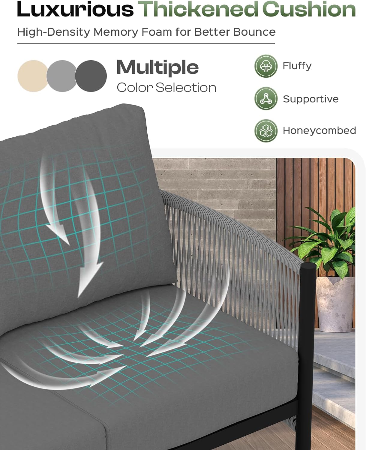 Aluminum Outdoor Patio Furniture Set, HDPE Rope 5 Piece Modern Sectional Conversation Sets with Dual-Layer Coffee Table, All Weather Patio Couch Sofa with Thick Cushions, Gray Frame, Charcoal