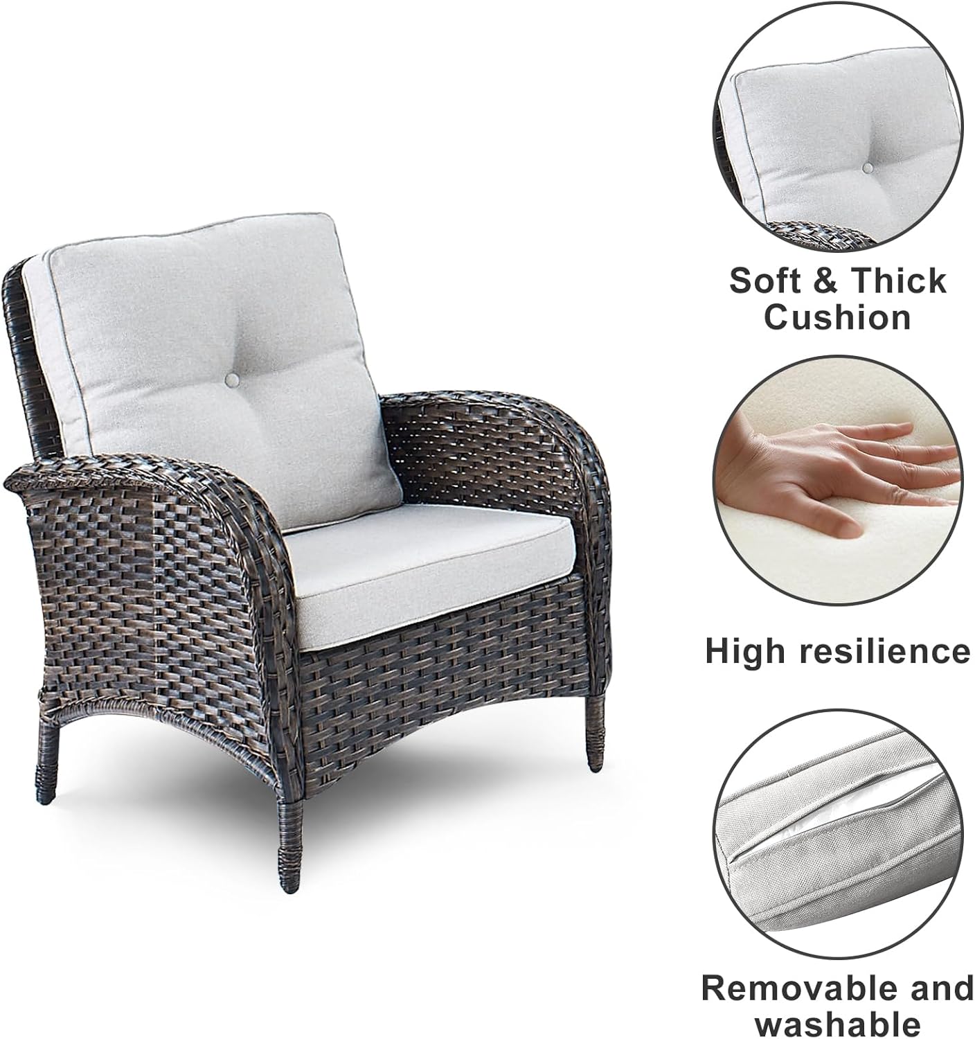 HUMMUH 3 Pieces Patio Furniture Set Outdoor Wicker Bistro Rattan Chairs with Glass Top Side Table and Thickened Cushions for Porch Deck Backyard Poolside