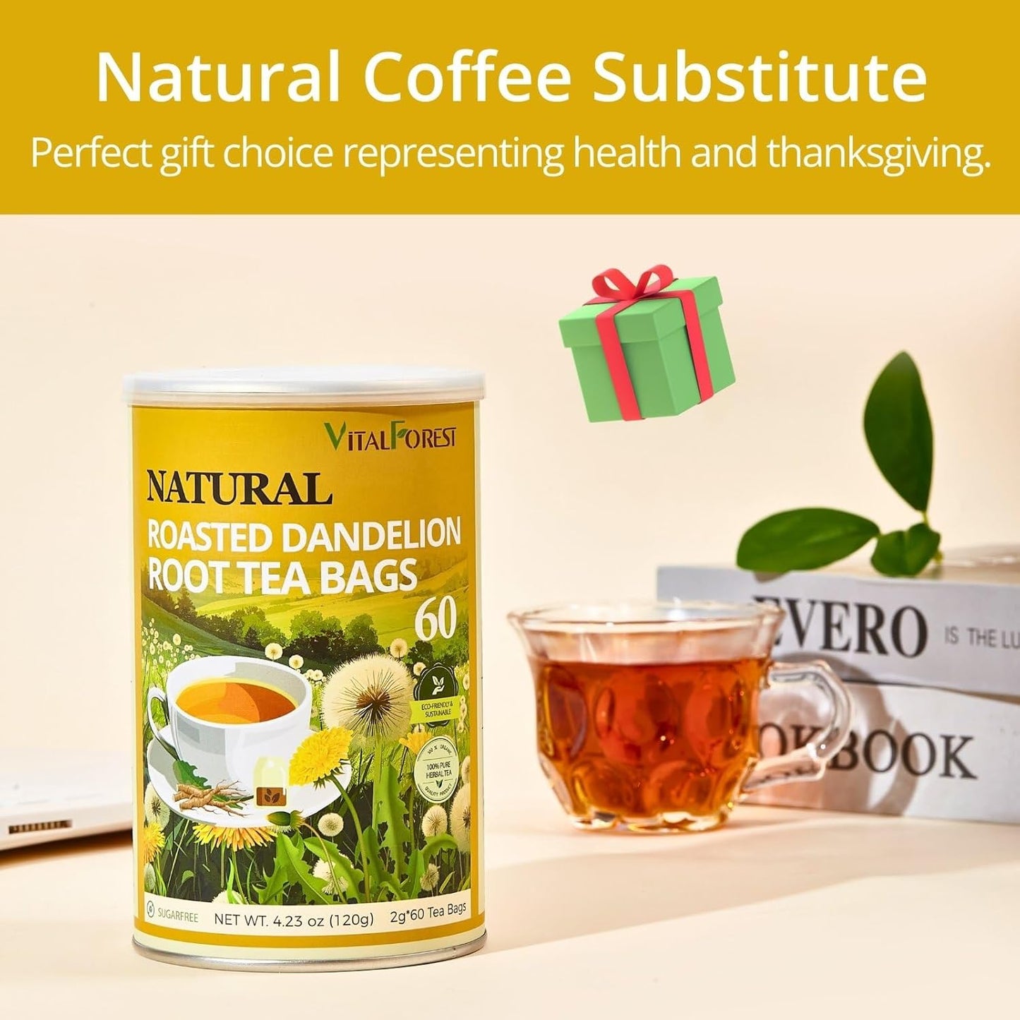 60 Roasted Dandelion Root Tea Bags, 2g/Bags, VitalForest Natural Detox Dandelion Tea, Dried Dandelion Root Coffee Substitute, Diente De Leon, Caffeine Free, Canister Packaged