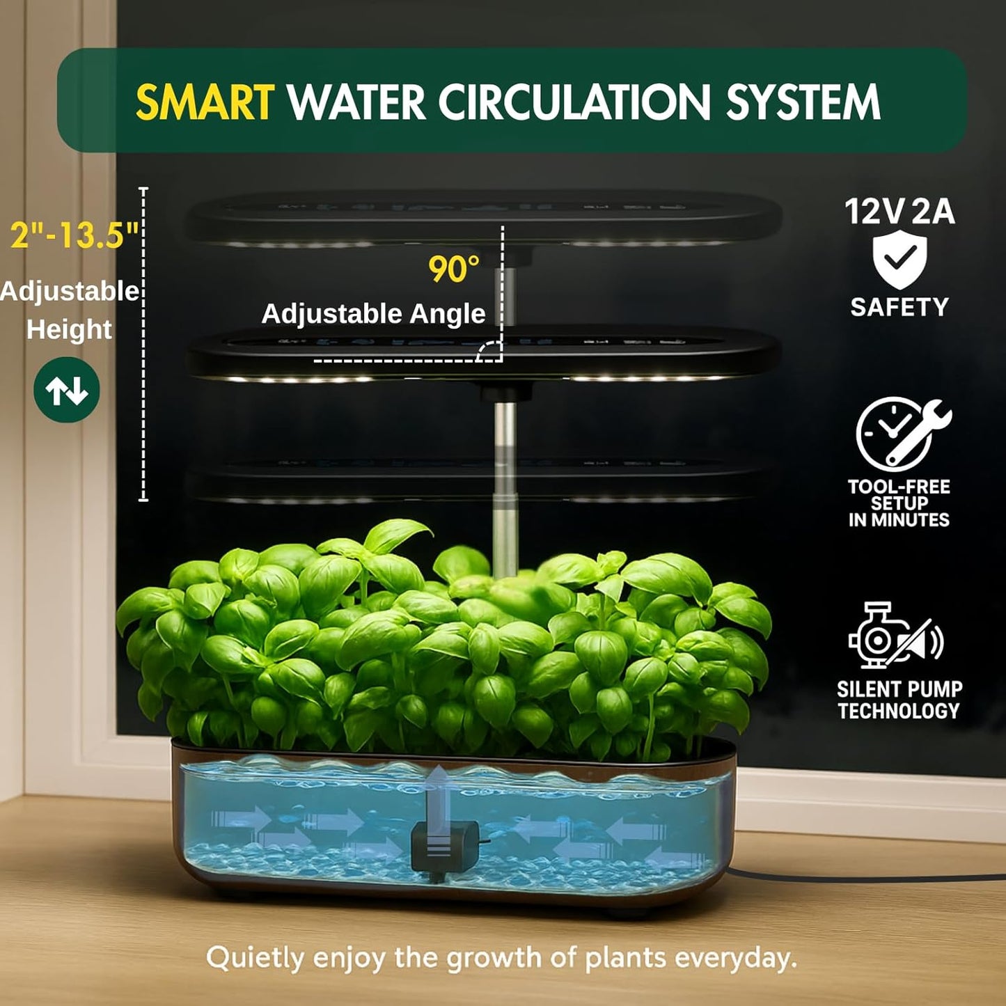 Hydroponics Growing System Kit, Indoor Herb Garden, 14 Pods Upgraded LCD Display, LED Grow Light Quiet Smart Water Pump Automatic Timer, Hydroponic Planter for Home Kitchen Office