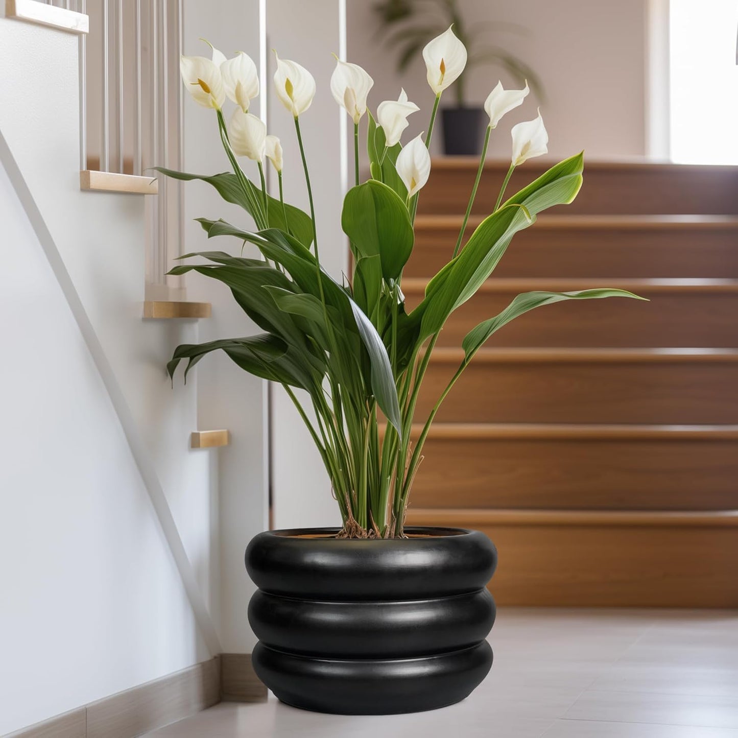 SQOWL Ceramic Flower Pot 13.5 Inch - Large Planter for Indoor Plants Outdoor Plant Pot with Drainage Hole Round Planter Mid-Century Flower Pot for Porch Living Room Decor Black
