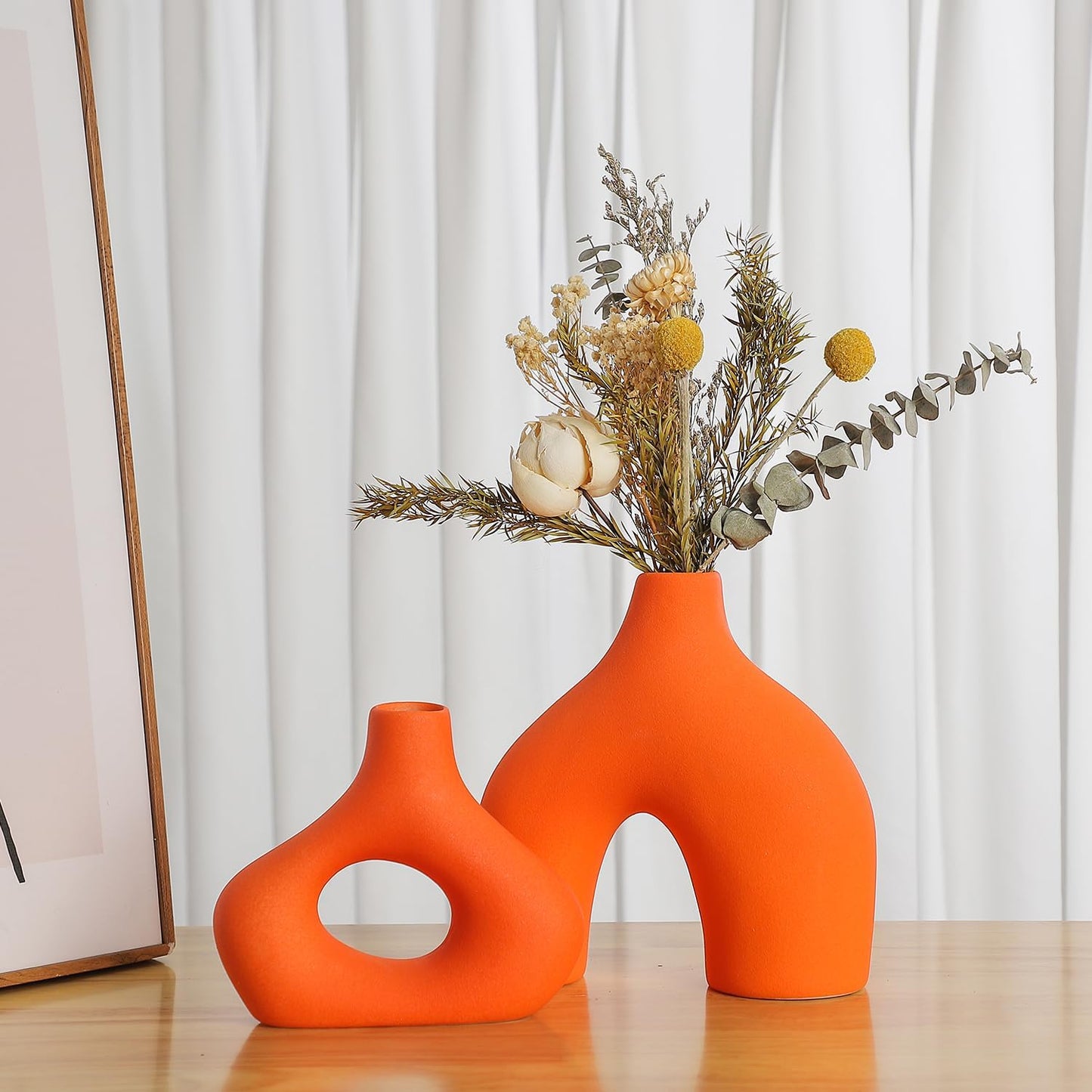 CEMABT Orange Ceramic Vase Set of 2 for Modern Minimalist Bohemian Decor,Round Matte Donut Vases for Pampas Grass-Perfect for Living Room, Dining Table, Office Bedroom Shelf Decor Entryway, Console