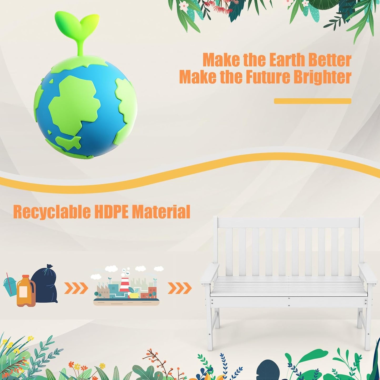 Giantex Outdoor Bench, 52-Inch Outside Bench All-Weather HDPE Park Bench with Backrest and Armrests, 705 lbs Weight Capacity, 2-Person Slatted Patio Bench for Porch, Yard, Lawn, Garden Bench (White)