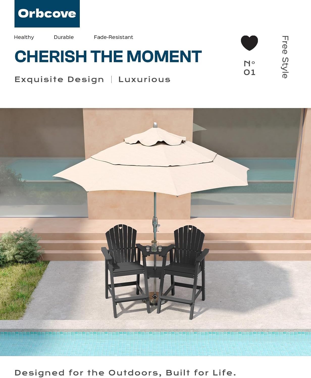 Tall Adirondack Chairs Set of 2 with Double Layer Connecting Table, HDPE Bar Height Outdoor Table and Chairs with Umbrella Hole, All Weather Outdoor Bar Stools for Patio, Deck,Backyard(Black)