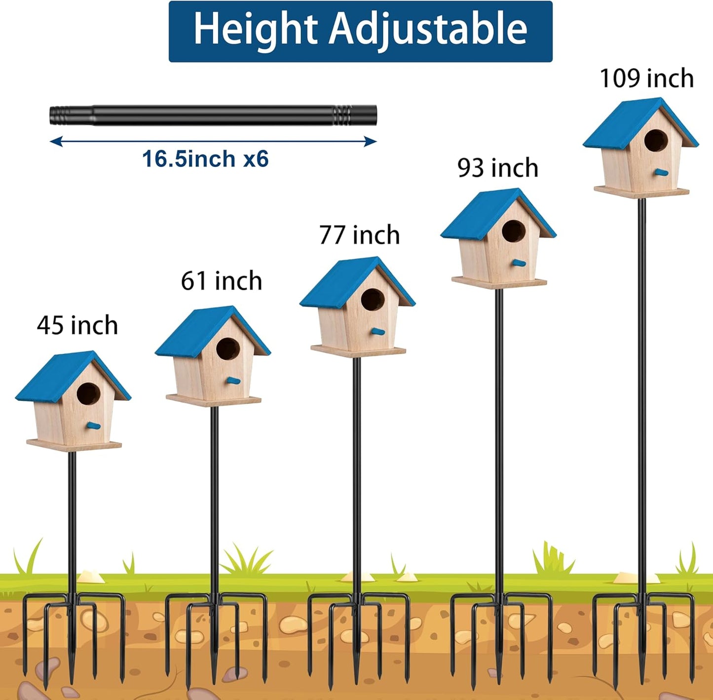 Ottsuls Bird Feeder Pole, 109 Inch Heavy Duty Bird House Pole Kit for Outdoors, with 5-Prong Base Feeding Station for Wild Birds Watching, Adjustable Feeder Stand (House Not Included)