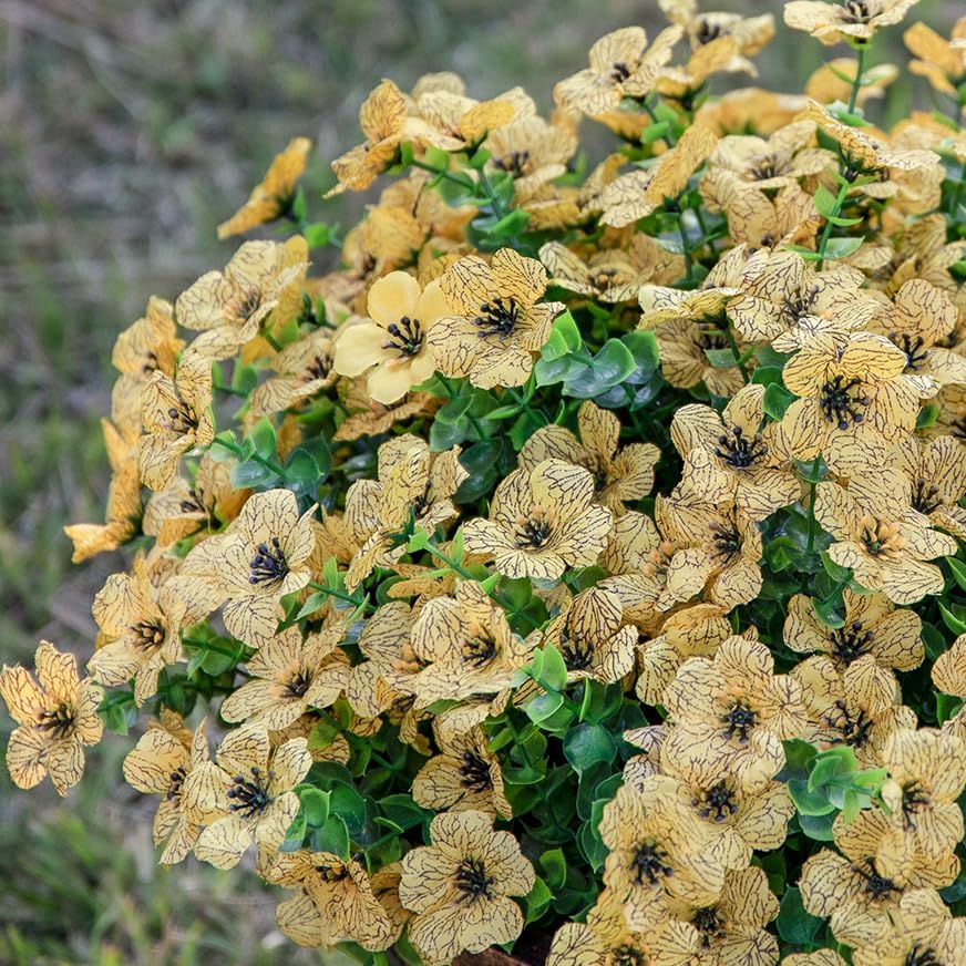 Artificial Fall Flowers Faux Mums for Outdoor Indoor Garden Home Decoration, Faux Flower Daisy with Eucalyptus Leaves Fake Plants Greenery Boxwood Porch Patio, 12 Bundles (Yellow)