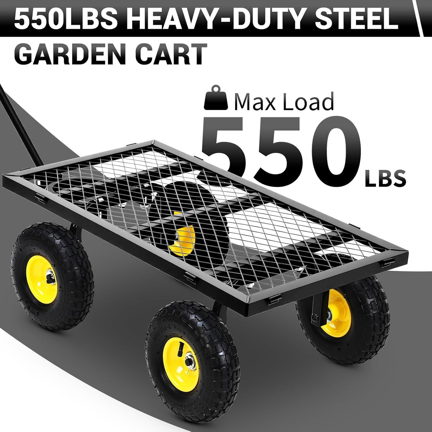 Heavy Duty Steel Garden Cart, 550LBS Pullable Metal Garden Wagon with 10" Wheels, 180° Rotating Handle and Removable Sides for Outdoor, Farm, Yard, Beach 