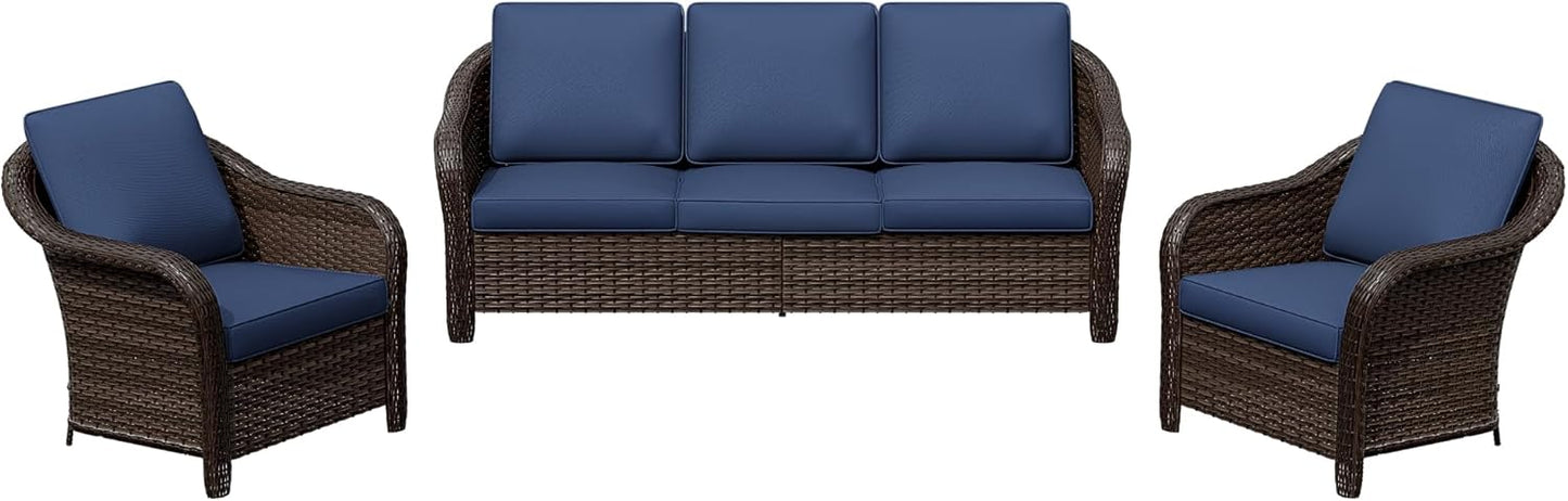 3 Pieces Outdoor Patio Conversation Set, 78" Couch, 2 Chairs, Rattan Wicker Conversation Furniture with Removable Cushions for Bistro, Deck (Navy Blue)