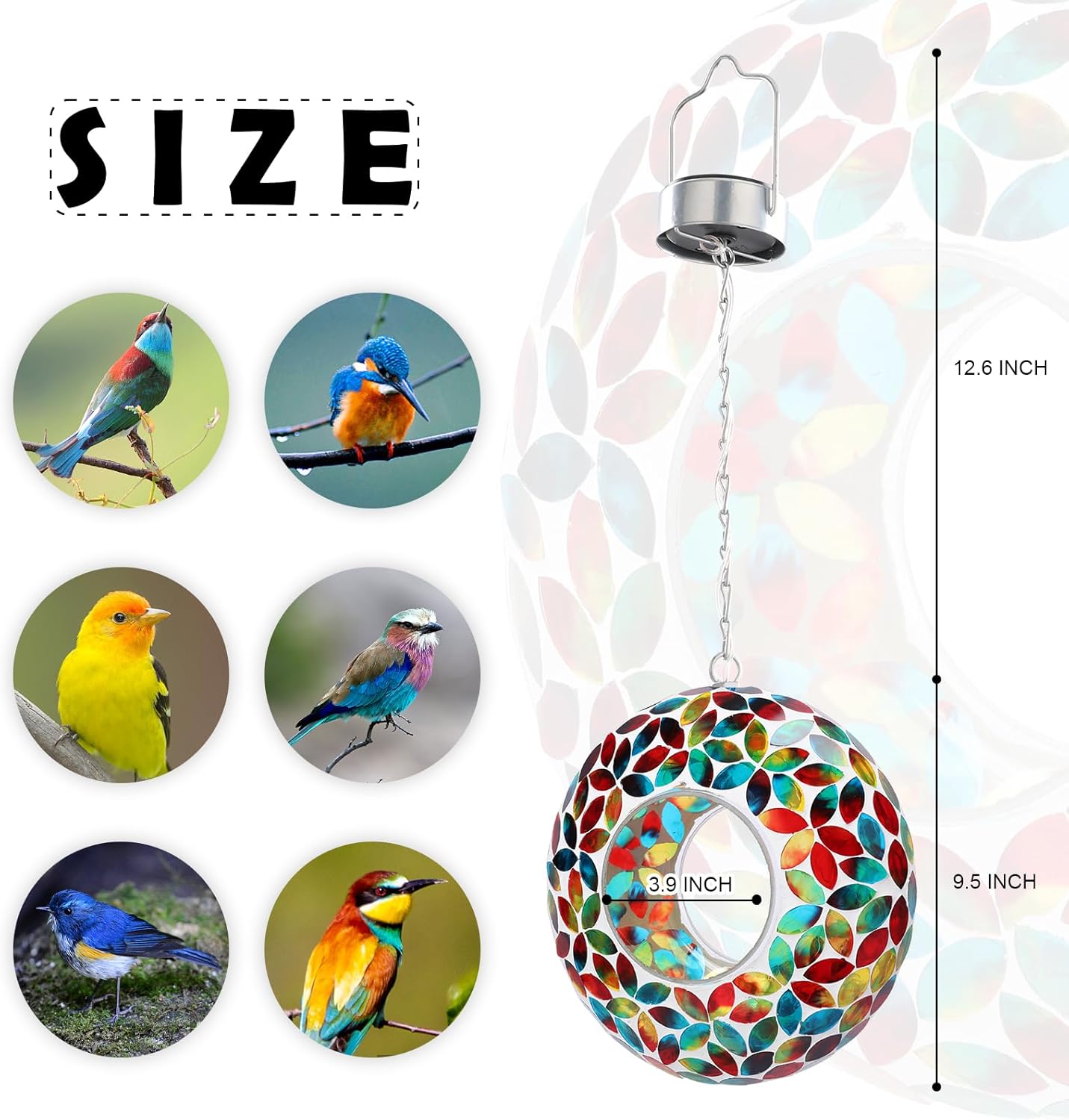 VCUTEKA Mosaic Bird Feeder Solar Fly Through Birdfeeder for Outside Hanging Round Shape Glass Container to Attract More Wild Bird Feeders for Garden Decor as Gift for Bird Lovers, Red 10-Inch
