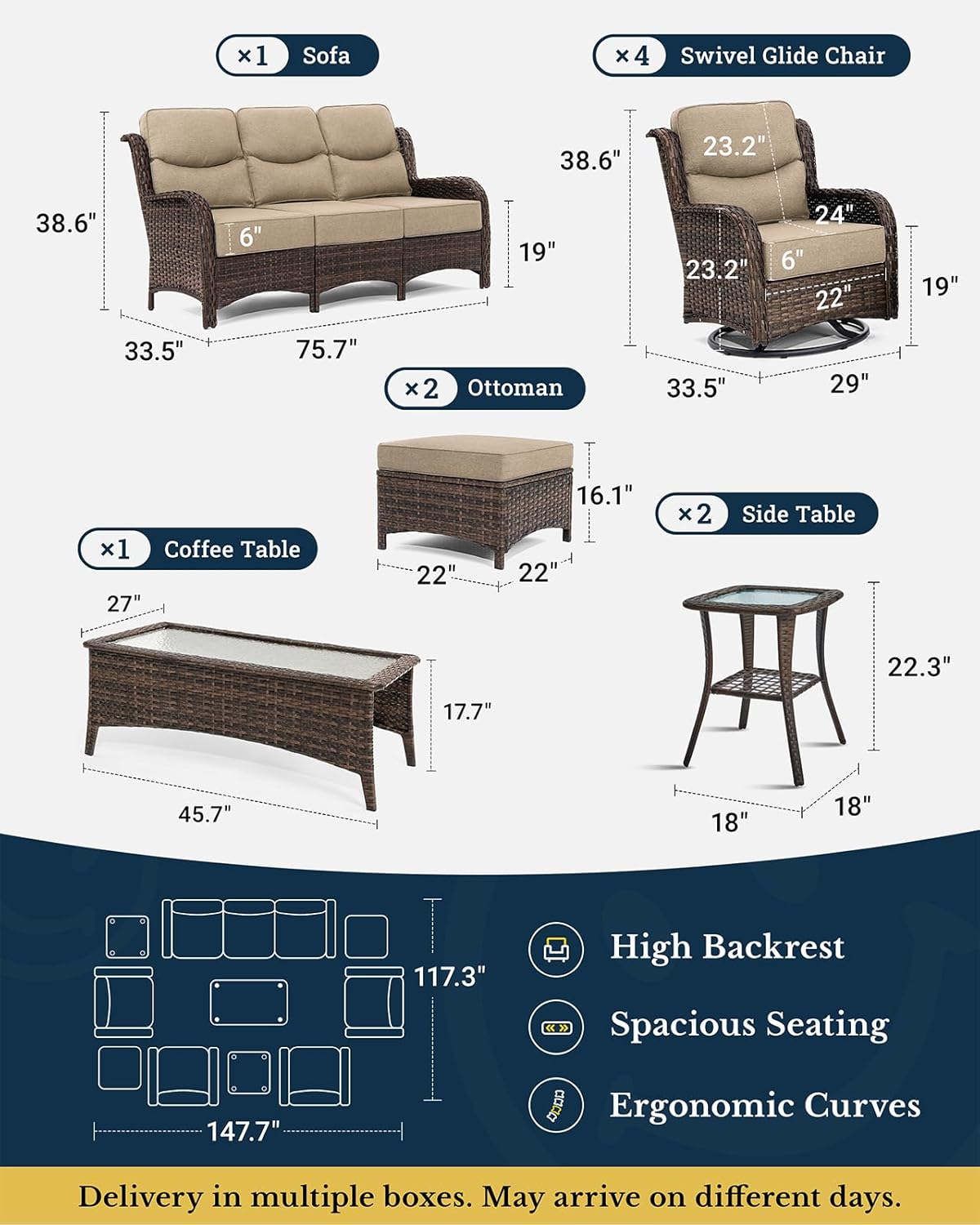 HILLGA Luxury Patio Furniture Set with 6-inch Thick Cushion, Outdoor Couch and High Back Swivel Rocker Patio Chairs, 10PCS Wicker Conversation Set for Deck Yard and Poolside, Beige (V2)