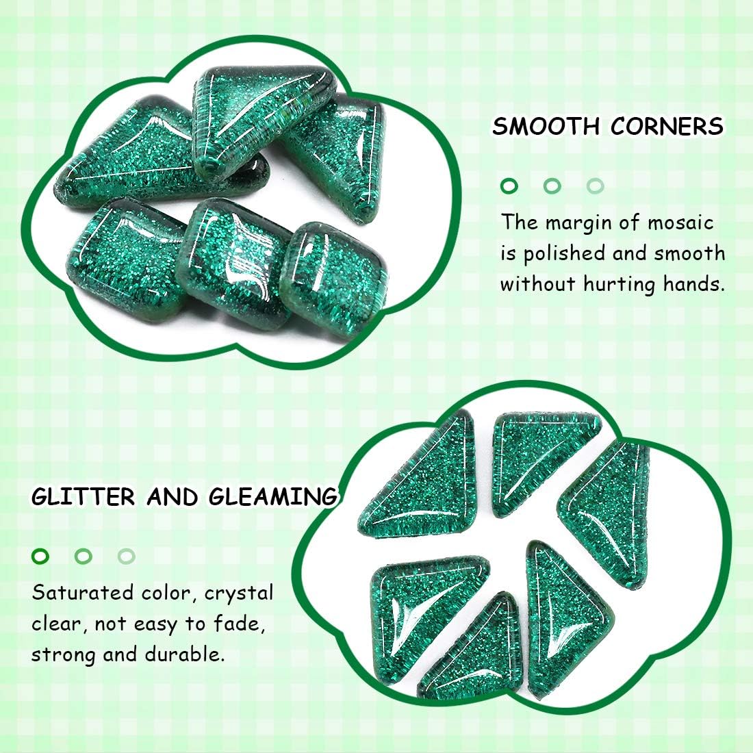 Swpeet 1 Pound Deep Green Shine Crystal Series Mosaic Tiles Assortment Kit, Square and Triangle Genuine Mosaic Tiles Glitter Crystal Mosaic Perfect for Home Decoration Crafts
