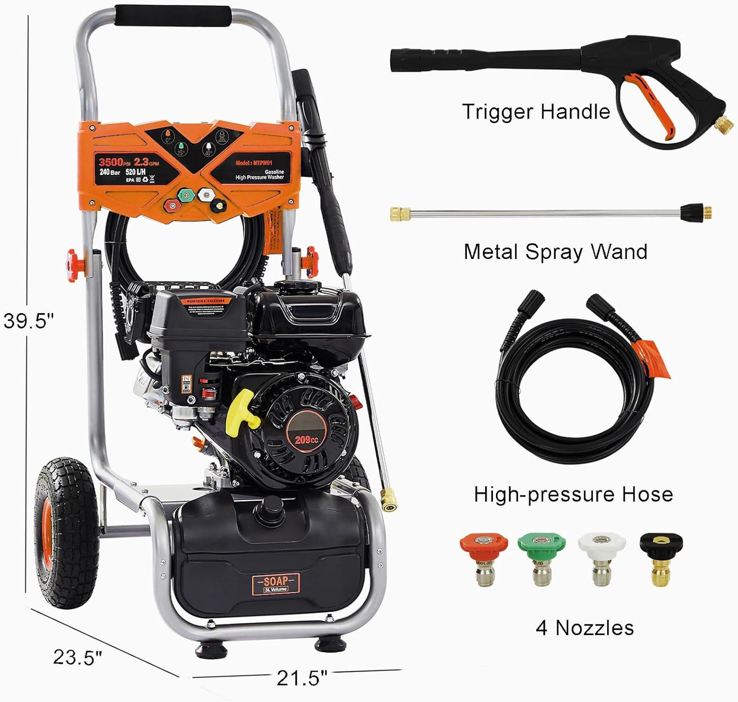 3500 PSI Gas Pressure Washer, 2.3 GPM Heavy-Duty High-Power Cleaner with 209CC 7HP Engine, 25Ft Hose, Axial Aluminum Pump, Soap Tank & 4 Quick-Connect Adjustable Nozzles (Orange)