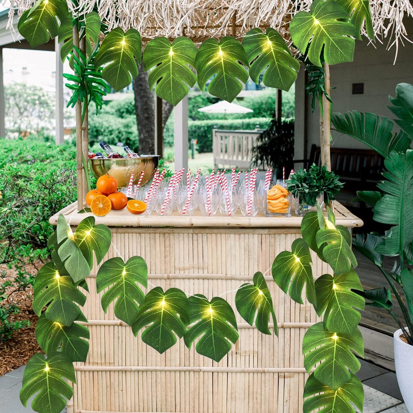 RECUTMS 2 Pack Artificial Tropical Palm Leaves String Lights, Large Size 20 LED Monstera Green Leaf Hanging Vine Greenery,Indoor Hawaiian Luau Jungle Beach Safari Baby Shower Party Spring Summer Decor