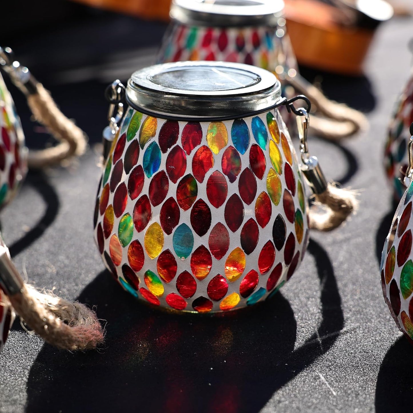 Cooo 4 Pack Mosaic Solar Lantern Outdoor Waterproof IP68 Hanging Projection Light Hidden Lid Pear-Shaped Lantern with Rope Handle Solar Powered Auto On for Patio Garden Fence Table - Crimson Ember