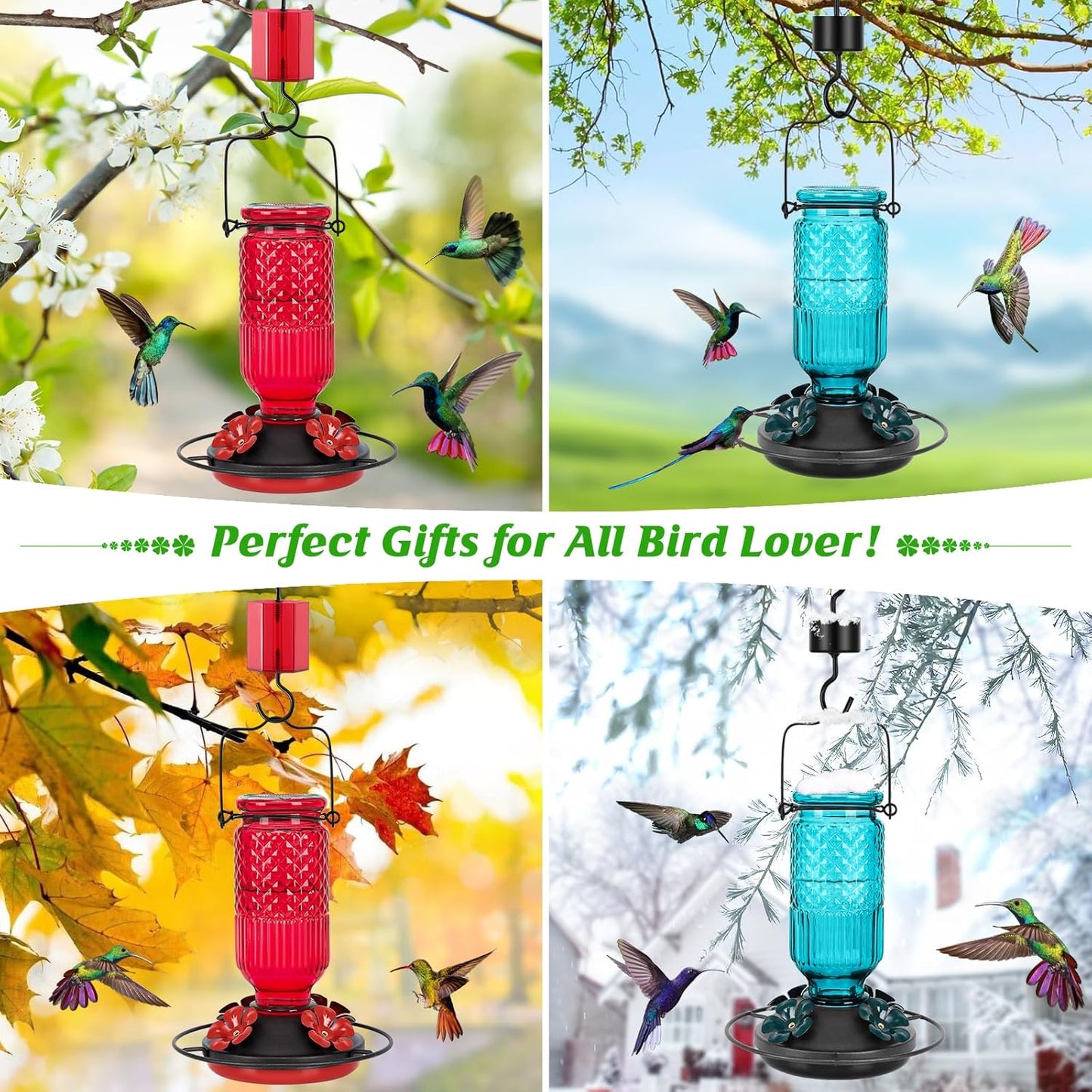 FEED GARDEN Glass Hummingbird Feeder for Outdoors Hanging, 16 OZ Humming Birds Feeders with 4 Bee Guard Feeding Ports & Built-in Ant Moat, Bird Feeder for Outside, Gifts for Women Mom, Red