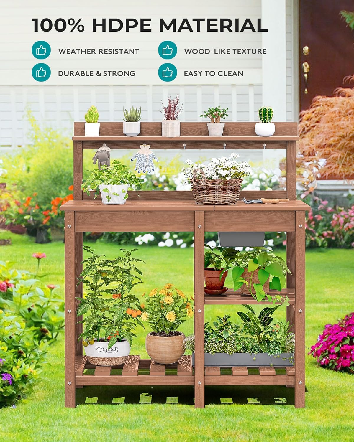 SERWALL Potting Bench Set of 2 Outdoor Potting Table with Sink, HDPE Potting Benches for Outside Gardening Table All Weather Use- Brown