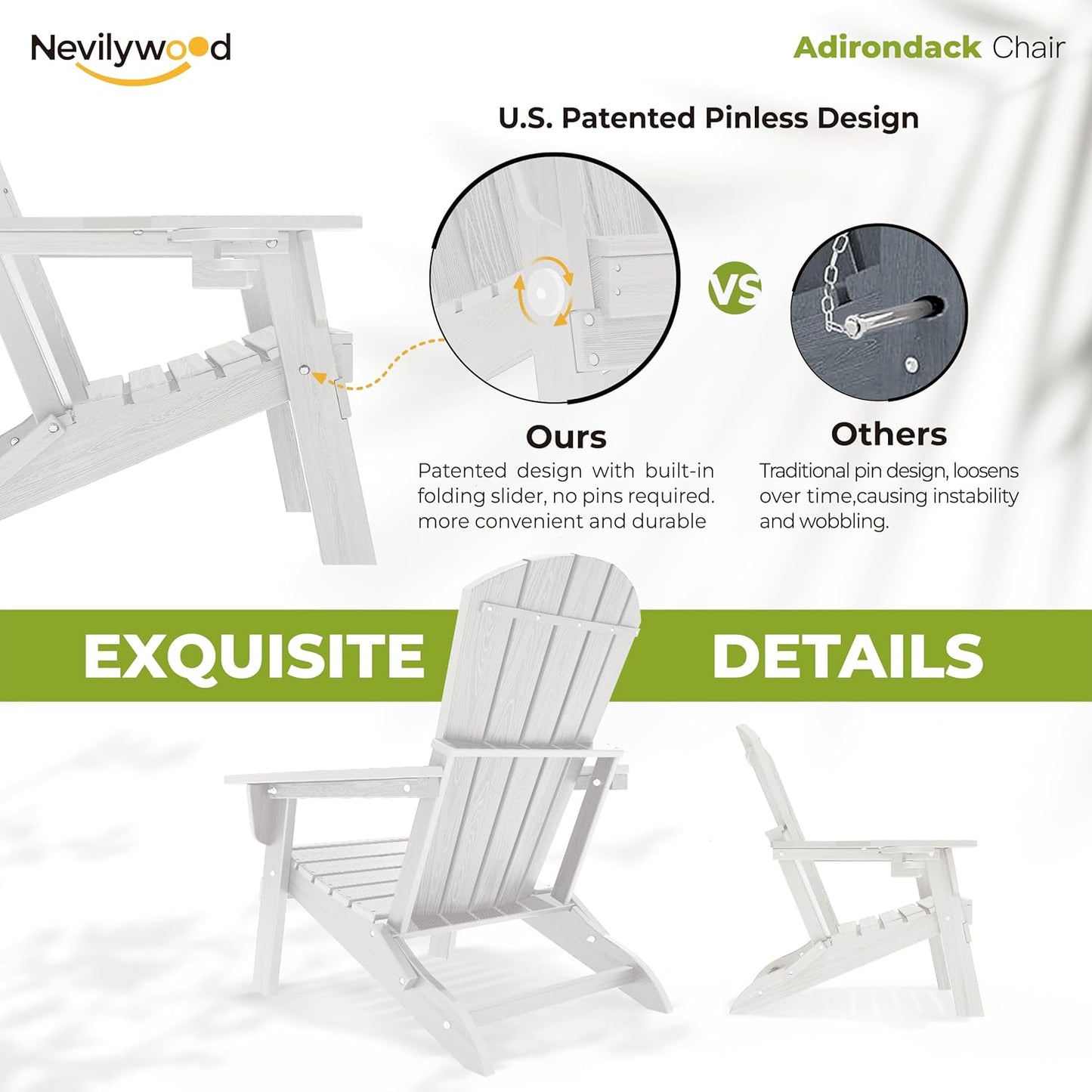 Folding Adirondack Chair, Ergonomic Extended Backrest, HDPE All-Weather, 380lbs Capacity, Maintenance-Free, Cup Holder, (White)- Outdoor Patio & Firepit Chair