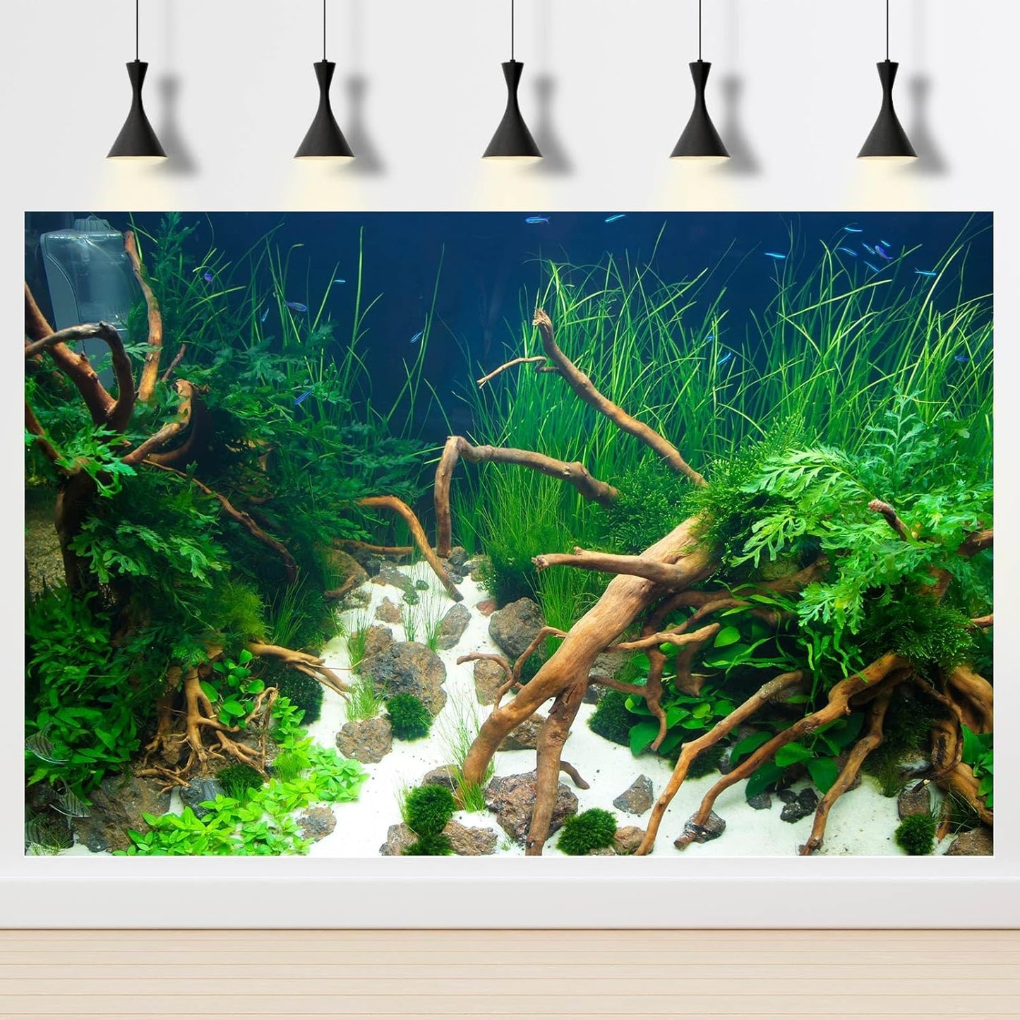 Aquarium Background Various Underwater Grass Plants Aquarium Backdrop Vivid and Fresh Green Aquatic Plants Stone River Bed and Dead Wood Yellow Stone Fish Tank Background 48x20in