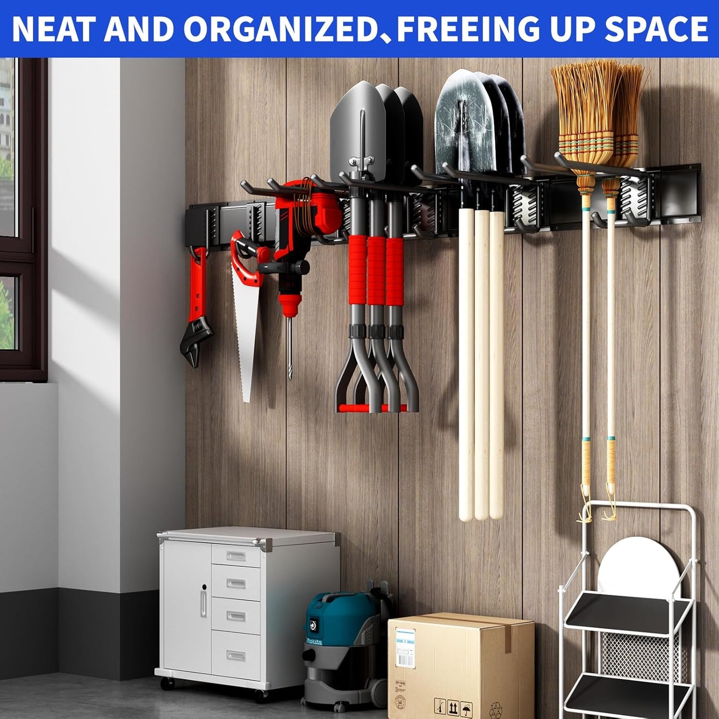 Garage Organization Tool Organizer Wall Mount, 32inch Heavy Duty Garden Tool organizer Storage System, Easy Install With 6 Adjustable Hooks, For Garage, Basement, Shed, Workshop(Black)